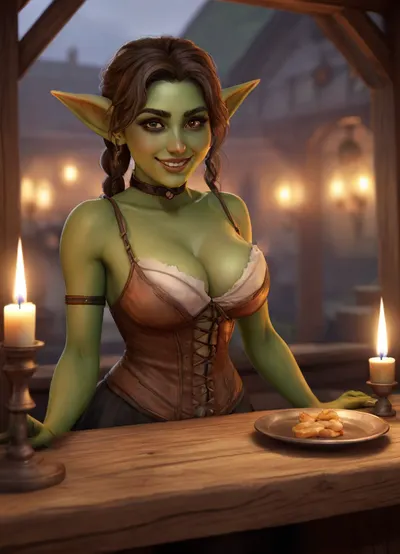 A voluptuous female goblin waitress inside a cozy, dimly lit medieval fantasy tavern, (((green skin))), sharp pointy teeth, standing beside a long wooden table cluttered with empty mugs, metal plates, and flickering candles, her green skin glowing softly in the candlelight, beautiful big eyes, curvy body barely contained in a tight corset-style tavern dress with low-cut neckline, emphasizing her large bust and full hips, the bodice straining at the seams, laced tightly up the front, short torn skirt barely covering her thick thighs, strong but feminine legs wrapped in mismatched stockings and sturdy boots, slightly bent forward as she places a heavy tray of drinks on the table, causing her cleavage to press forward and skirt to lift slightly in the back, revealing hints of rounded green flesh, pointed ears twitching as she listens to rowdy patrons, a mischievous smirk on her face, sharp teeth barely visible as she grins, her long dark hair tied in messy pigtails with leather cords, wooden ceiling beams overhead hung with dried herbs and lanterns, barrels stacked in corners, smoke curling through the air, other fantasy patrons — dwarves, elves, humans — laughing and cheering in the blurred background, warm golden firelight casting dynamic shadows and highlighting sweat and subtle textures on her skin and clothes, pewter mugs sloshing with frothy ale on her tray, some spilled onto her arm, photorealistic details on fabric tension, light caustics on polished wood, rustic and messy fantasy ambiance, ultra detailed textures on wood, fabric and skin, cinematic composition with shallow depth of field, soft glowing embers in the hearth illuminating the scene, styled like a moment from a high-budget fantasy RPG cutscene or cover art, Gobla, <lora:Gobla:1.1>