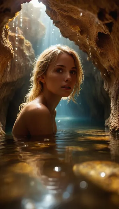 Ultra-Realistic Photography, Flickr Trending, Pinterest Trending, Insanely Detailed & Intricate, Realistic, Authentic, Genuine, Natural, into a huge air-filled underwater cave, realistic wet skin, sexy, blonde hair, perfect slender body, surprised face, discovers very huge hall-like underwater cave, diamond cave, an undiscovered diamond cave, the walls glitter with millions of diamond shards on the walls, the fantastic play of light from the reflections of the water and the diamonds is breathtaking, Sunlight breaks through small holes in the cave ceiling into the cave, the walls are covered with tiny diamonds, body in focus, The image concept could have come from a dream, the image parameters ensure a dreamy, soft design, ocean, fantasy, under the sea, outdoors, photography, underwater, grotto, cave, sandy, sea, floor, reef, <lora:xs_4d:.7>, <lora:MJ52:.5>, <lora:SDXLHighDetail_v6-000005:.3>, <lora:Underwater_Environment_v01-000002:.8>
