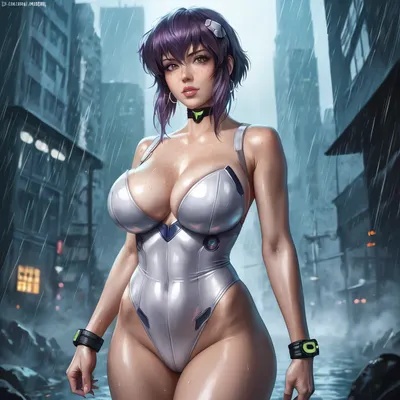 Motoko kusanagi, thick curvy voluptuous body, in her ghost in the shell outfit, hyper wide hips, huge giant perky tits, giant fat ass, standing in the rain at night in a cyberpunk city, ultra realistic, perfect face, perfect rendered face, masterpiece, best quality, detailxl, detailed, eyes, perfect, freckles, skin, texture, photorealistic