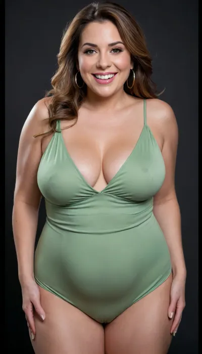 3/4 side view, Curvy gilf, looking at viewer, eye contact, portrait photo a ssbbw mature 60 year old woman, wearing a v-neck sleeveless spaghetti strap light green maxidress, hourglass figure, wide, huge hips, large waist, narrow waist, thick, thighs, saddlebags, round face, chubby cheeks, wrinkles, flushed cheeks, double chin, big eyes, long hair, brunette hair with highlights, medium hair, big smile, mouth open, lips parted, big lips, teeth showing, perfect teeth, joyful smile, (solid blank black background), pokies, hoop earrings, (wrinkles), sagging, breasts, apart, hard nipples, huge ass
