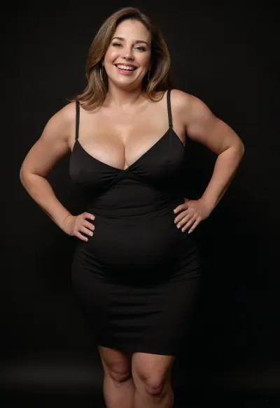 3/4 side view, Curvy gilf, looking at viewer, eye contact, portrait photo a ssbbw mature 60 year old woman, wearing a v-neck sleeveless spaghetti strap black dress, hourglass figure, wide, huge hips, large waist, narrow waist, thick, thighs, saddlebags, round face, chubby cheeks, wrinkles, flushed cheeks, double chin, big eyes, long hair, brunette hair with highlights, medium hair, big smile, mouth open, lips parted, big lips, teeth showing, perfect teeth, joyful smile, (solid blank black background), pokies, hoop earrings, (wrinkles), sagging, breasts, apart, hard nipples, downblouse, nipslip, <lora:RealDownblouseXL2:.8>