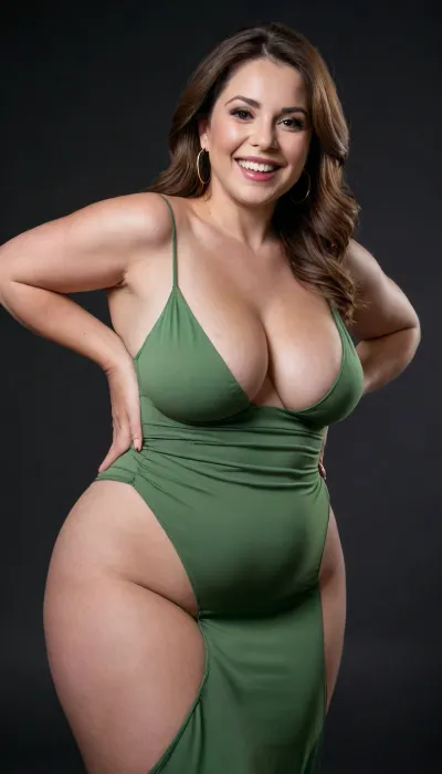 3/4 side view, Curvy gilf, looking at viewer, eye contact, portrait photo a ssbbw mature 60 year old woman, wearing a v-neck sleeveless spaghetti strap green maxidress, hourglass figure, wide, huge hips, large waist, narrow waist, thick, thighs, saddlebags, round face, chubby cheeks, wrinkles, flushed cheeks, double chin, big eyes, long hair, brunette hair with highlights, medium hair, big smile, mouth open, lips parted, big lips, teeth showing, perfect teeth, joyful smile, (solid blank black background), pokies, hoop earrings, (wrinkles), hard nipples, huge ass