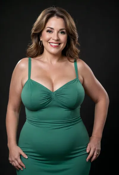 3/4 side view, Curvy gilf, looking at viewer, eye contact, portrait photo a ssbbw mature 60 year old woman, wearing a v-neck sleeveless spaghetti strap green dress, hourglass figure, wide, huge hips, large waist, narrow waist, thick, thighs, saddlebags, round face, chubby cheeks, wrinkles, flushed cheeks, double chin, big eyes, long hair, brunette hair with highlights, medium hair, big smile, mouth open, lips parted, big lips, teeth showing, perfect teeth, joyful smile, (solid blank black background), pokies, hoop earrings, (wrinkles), hard nipples, huge ass