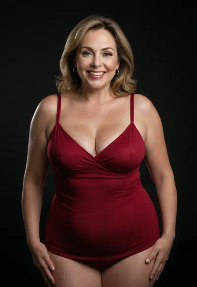 Curvy gilf, looking at viewer, eye contact, portrait photo a, (obese), mature 60 year old woman, wearing a tight red v-neck sleeveless spaghetti strap dress, slutty, hourglass figure, wide, huge hips, large waist, narrow waist, thick, thighs, saddlebags, round face, chubby cheeks, wrinkles, flushed cheeks, double chin, big eyes, chestnut hair with highlights, medium hair, big smile, mouth open, lips parted, big lips, teeth showing, perfect teeth, joyful smile, (solid blank black background), pokies, hoop earrings, (wrinkles), fupa, cameltoe, drooping saggy conical breasts, sagging, breasts, apart, hard nipples