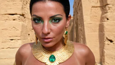 ((Farah from Legend of Queen Opala is a extreme beautiful MILF 42yo, main heroine, main character:1)), ((MILF)), (detailed egyptian makeup), (natural emerald eyes), detailed, eyes, perfect, freckles, skin, texture, photorealistic, medium view, <lora:add-detail-xl:.8>, <lora:Super_Eye_Detailer_By_Stable_Yogi_SDPD0:.8>