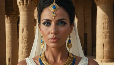 ((Farah from Legend of Queen Opala is a extreme beautiful MILF 42yo, main heroine, main character:1)), ((MILF)), (detailed egyptian makeup), (natural blue eyes), medium view, detailed, eyes, perfect, freckles, skin, texture, photorealistic, <lora:add-detail-xl:.8>, <lora:Super_Eye_Detailer_By_Stable_Yogi_SDPD0:.8>