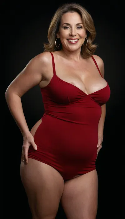 Curvy gilf, looking at viewer, eye contact, portrait photo a, (obese), mature 60 year old woman, wearing a tight red v-neck sleeveless spaghetti strap long dress, hourglass figure, wide, huge hips, large waist, narrow waist, thick, thighs, saddlebags, round face, chubby cheeks, wrinkles, flushed cheeks, double chin, big eyes, chestnut hair with highlights, medium hair, big smile, mouth open, lips parted, big lips, teeth showing, perfect teeth, joyful smile, (solid blank black background), pokies, hoop earrings, (wrinkles), (drooping saggy conical breasts), sagging, breasts, apart, hard nipples, squatting