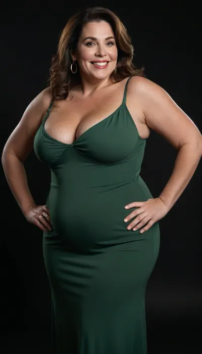 3/4 side view, Curvy gilf, looking at viewer, eye contact, portrait photo a ssbbw mature 60 year old woman, wearing a green v-neck sleeveless spaghetti strap long dress, hourglass figure, wide, huge hips, large waist, narrow waist, thick, thighs, saddlebags, round face, chubby cheeks, wrinkles, flushed cheeks, double chin, big eyes, long hair, brunette hair with highlights, medium hair, big smile, mouth open, lips parted, big lips, teeth showing, perfect teeth, joyful smile, (solid blank black background), pokies, hoop earrings, (wrinkles), (drooping saggy conical breasts), sagging, breasts, apart, hard nipples, big ass