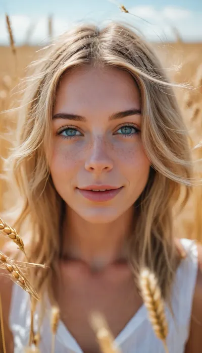 zip realism, (walking through a vibrant golden wheat field, pollen drifting in the breeze, vibrant blue sky, symmetrical framing), (avant-garde snapshot esthetic), (adorable woman, soft smile, warm gaze:1.2), (f/2.8, shallow depth of field, layered composition with subtle foreground, closeup, focus on eyes, low angle view:1.8), (wheat-blonde hair, long flowing hair, wind blown hair:1.4), (catchlights, limbal rings, large expressive eyes, perfect eyes, long delicate eyelashes), (soft facial features, flawless porcelain skin, soft blush), (dynamic lighting, contrasting shadows), <lora:MJ52:.8>