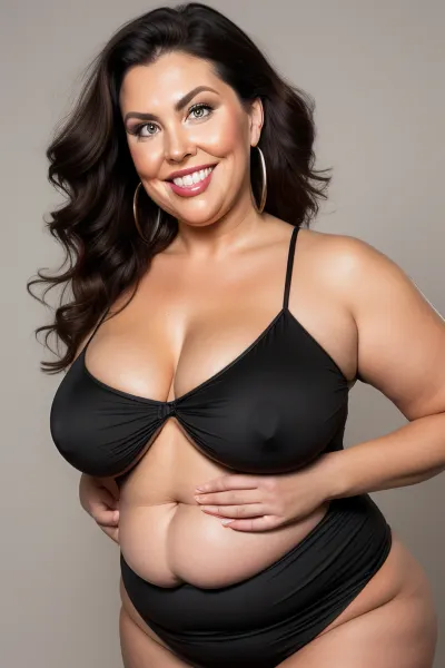 curvy, obese, big, gilf, looking at viewer, eye contact, portrait photo a chubby mature 60 year old woman, wearing a tight black v-neck sleeveless spaghetti strap black dress, hourglass figure, round face, chubby cheeks, wrinkles, flushed cheeks, double chin, round jawline, thick arms, big eyes, brunette hair, beautiful hair, medium hair, big smile, mouth open, lips parted, big lips, teeth showing, perfect teeth, joyful smile, (solid blank background), hoop earrings, (wrinkles), (fupa), wide, drooping saggy conical breasts, sagging, breasts, apart, hips, <lora:tt_saggy:.1>, <lora:ConicalTits:.5>