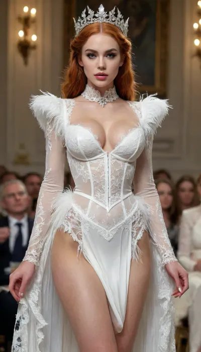 woman, full body raw photo, 32g breast, Victorian fashion show, (beautiful Lady at fashion podium), ginger hair, intricate ginger hair style with feather ornament, symmetrical features, fantastic, whimsical, white intricate lace victorian silk and lace fashion dress, evermore fashion, elie Saab, iris van herpen, opulent fashion show with Spectators background, high details on face, karol bak, luis royo, Victo Ngai, Vibrant, Wlop, Kuvshinov, Character Design, TXAA, 32k, Highly Detailed, Dynamic Pose, Intricate Motifs, Organic Tracery, Perfect Composition, Digital Painting, Artstation, Smooth, Sharp Focus, Illustration, hyperdetailed, greg rutkowski, Laura sava, realistic, Hyperrealism, bmbplora, <lora:bimboxl_02:.5>