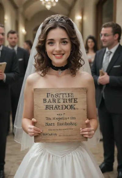 side-by-side two pictures, young French petite woman, curly brown hair, standing, (first picture on the left, confident, playful expression, huge smile, wedding dress, tiara, holding a handmade sign with text "EXPECTATIONS"), (second picture on the right, new expression on her face, much more serious, worried, nude, black choker around her neck, black leather harness with rivets on her chest, black garter at the waist, black leather straps with rivets on her legs, holding a handmade sign with text "REALITY"), logo, text, sign, that, says, the, word, <lora:texta:.8>