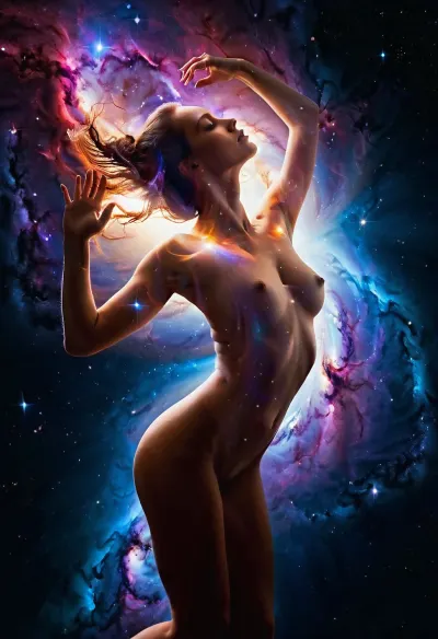 (double exposure:1.7), A full-length beautiful nude woman in a dynamic dance in the cosmic void, her form filled with the bright colors of stellar nebulae, ((Double exposure technique fills the girl's body with the beauty of the universe)), Bright, glowing colors of nebulae, red, blue and purple hues, twinkling stars, smooth skin, calm expression, atmospheric details, vivid colors, dreamy atmosphere, detailed textures, High detail, 8K, masterpiece, photorealistic, rendered in Octane, Double, Exposure, style, of, <lora:Double_Exposure_5:1.4>