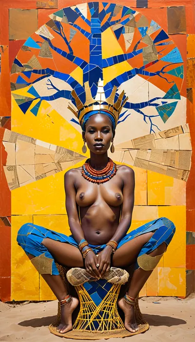 Avant-garde painting of nude Senegal princess sitting on throne with crossed legs, fractured geometric face, crown of deconstructed fishing nets, golden tooth amulets, body composed from Dakar city map fragments, traditional ndorr patterns reimagined, indigo batik blues color palette, searing terracotta reds, solarized gold leaf Collage of sand, recycled metal, and digital glitches, visible brushstrokes, giant baobab tree with roots on background, Afrofuturist manifesto meets Soviet constructivism, revolutionary aesthetics, x-ray, deconstructed, abstract, surreal, mixed, media, outsider-art, avant-garde, punk, style, torn, paper, collage, weirdcore, (gu, zhang, feng\), <lora:751939_training_data:1.3>, <lora:DeconDada++:.8>, <lora:tornpapercollage-sdxl-v1:.8>, <lora:Weirdcore_XL:.8>, <lora:Glitch Art:.8>