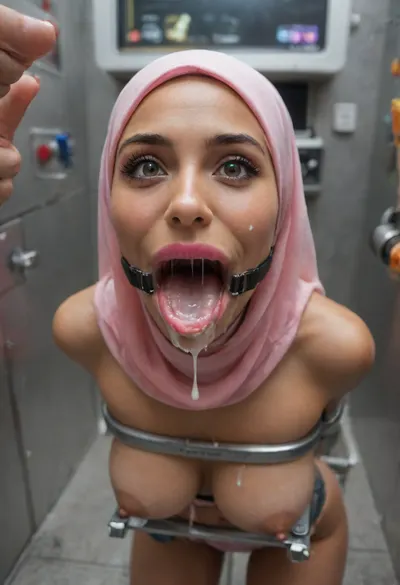 (Arab Muslim woman is stuck with her hips in a round hole with metal rim in an arcade machine on a busy street, wearing a mouth spreader, wearing a pink hijab), (she shows thumbs up:1.3), (natural brown eyes), (brown skin), (stuck in round hole with metal rim:1.1), (wide metal box), (arms restrained in contraption:1.6), (wide angle, full machine in picture:1.1), (bustling street, passersby:1.3), (wide smile, obsessive:1.5), (her arms are fixated in machine:1.5), (score_9, score_8_up, score_7_up, UHD 8K, masterpiece, best quality, maximum details:1.2), natural light, extreme realism, cinematic still, (very happy:1.3), (wide mouth spreader ring gag, gaping mouth:1.5), (her hands are protruding from holes:1.3), (stuck in hole with metal rim), (leaning forward), (huge penis), (she stares at erect penis in front of her face:1.3), (cum on her face, bukkake:1.3), (shocking pink lipstick:1.3), (bimbo lips:1.2), (botox:1.2)