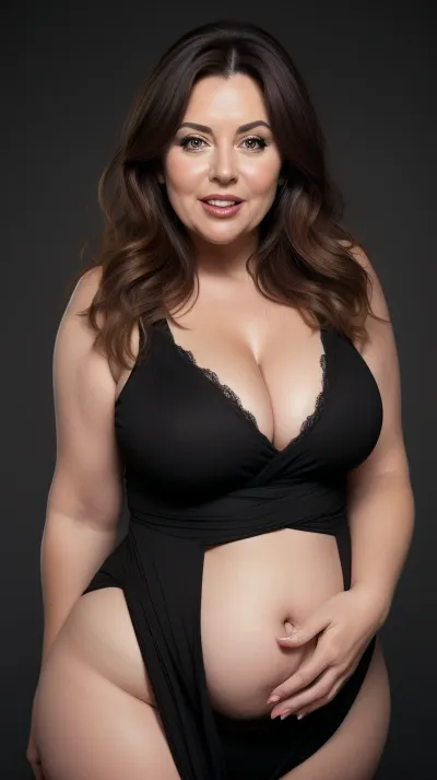 Lubica stepaunt, medium brown balayage hair with highlights, (Obese:1.3), pov, (gilf), tan skin, wrinkles, portrait photo a mature chubby gilf, fat round face, double chin, 50 years old Woman, big eyes, light eyes, long hair, layered haircut with side swept bangs, chubby jawline, pokies, seductive smile, lips parted, (mouth open:1.3), teeth showing, big lips, looking at viewer, (solid blank dark background:1.3), film grain, style by Flora Borsi, OverallDetail, sleeveless spaghetti strap black dress, hips, saggy, sagging, droopy, cleavage, eye contact, (cellulite), (hairy:1.6), stretch, marks, puffy, nipples, dark, ghost, wide, <lora:rknArouseXL:.5>, <lora:stretch_marks:.6>, <lora:Nipples XL:.5>
