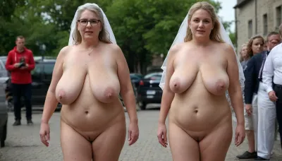 A wedding. Procession. City street. Naked blond obese woman. Well-dressed men in black suits and priests look at the Bride. She is a FAT 58-year-old woman, grandma, (((Full body with head visible))), . She is dressed only with a White veil on her head, White LACE BRA, naked body, no clothes, wrinkles, GLASSES, GRAY hair, collar, leash, ((daylight)), HD, true colors, detailed portrait. No blur, 8k, ultra HD photorealistic full height 8k, <lora:sagging-000015:.3>, plump, skindentation, chubby, bbw, venus, body, big, breasts, ass, <lora:Chubby BBW - XL:1.5>, (holding, with, mouth), <lora:356728_training_data:.8>, stretch, marks, <lora:stretch_marks:.8>