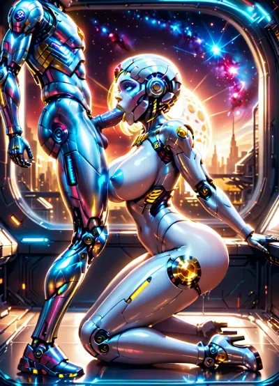 (full frame:1.2), full-length view, in front of the panoramic window of a spaceship, (a galaxy is visible behind the window:1.6), bald, shiny silver alien cyborg superheroine, (female android cyborg:1.4), large breasts, (bald head), (completely naked, completely nude:1), (silvery skin:1.2), (bright golden lips:1.2), (ruby gem nipples:1.3), ((bright blue glowing eyes)), (have snal sex with an astronaut:1.3), (blowjob:1.5), ((male human fuck android girl)), extremely detailed, full body shot, super-detailed image, 4K quality, (side view:1.7), science fiction