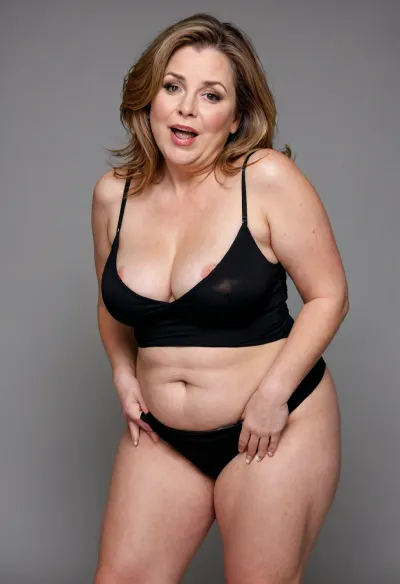 Lubica stepaunt, Light chestnut hair with gray streaks, long hair, (fat:1.3), milf, portrait photo a mature chubby gilf, fat round face, double chin, 56 years old Woman, big eyes, light eyes, layered haircut, chubby jawline, pokies, seductive smile, lips parted, (mouth open:1.2), teeth showing, big lips, looking at viewer, (solid blank background:1.3), film grain, style by Flora Borsi, OverallDetail, black sleeveless spaghetti strap black dress, fat arms, thick, thighs, (areola slip), wide, hips, saggy, sagging, droopy, hanging, breasts cleavage, eye contact, downblouse, nipslip, <lora:RealDownblouseXL2:.5>, squatting