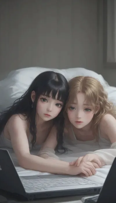 view from the back, big laptop screen displaying a lesbian anime porn game, two girls with long hair watching on a bed