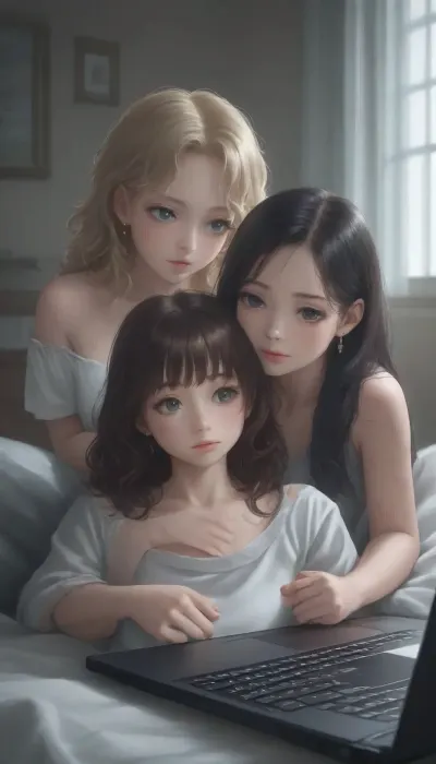view from the back, big laptop screen displaying a lesbian anime porn game, two girls with long hair watching on a bed