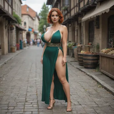 MILF, 35 years old, juicy figure, slim waist, perfect anatomy, bright red hair, bright makeup, huge breasts, huge protruding nipples, green dress embroidered with gold, low-cut neckline, shoes, medieval market, transparent panties visible, <lora:220437_training_data:1.3>
