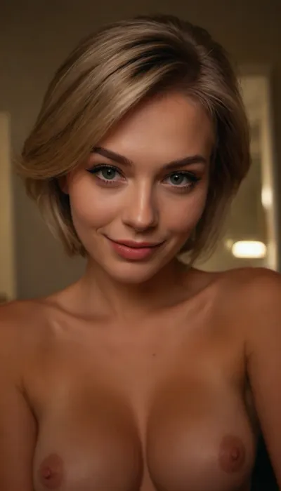 ziprealism, (avant-garde snapshot esthetic), (rockstar girlfriend, mischievous smirk, playful expression, sensual gaze, playful pose:1.6), (f/2.8, shallow depth of field, Dutch Angles, focus on eyes, perfect eyes:1.2), (creamy bokeh, subtle bokeh), (ash-blonde hair with dark highlights, thick voluminous hair, short haircut, swept-back hairstyle:1.4), (large expressive eyes, perfect eyes), (strong angular facial features, wide jaw, defined jawline, high chiseled cheekbones, bold eyeliner), (topless, strip tease, large soft teardrop breasts, pale nipples:1.4), (intimate bedroom scene), igbaddie, <lora:igbaddie-XL:.8>