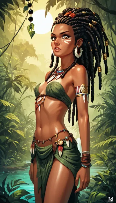 A 25-year-old tribal woman, her body slim and feminine, Small breast, breast exposed, standing in a lush prehistoric jungle. She has long dark dreadlocks with feathers and beads, wearing clothing made entirely from natural materials like woven fibers, animal hide, and leaves, adorned with tribal patterns. Her expression is wise yet determined, with a calm and protective demeanor. She carries a primitive bow and a small pouch at her waist. Her skin is sun-kissed, The background shows towering trees, mist. The lighting is warm and golden, giving a cinematic, slightly poetic atmosphere. Highly detailed, realistic, concept art style, 8k resolution., concept, art, by, syd, mead, retro, futuristic, flat, colors, <lora:concept_art_syd_mead:1>