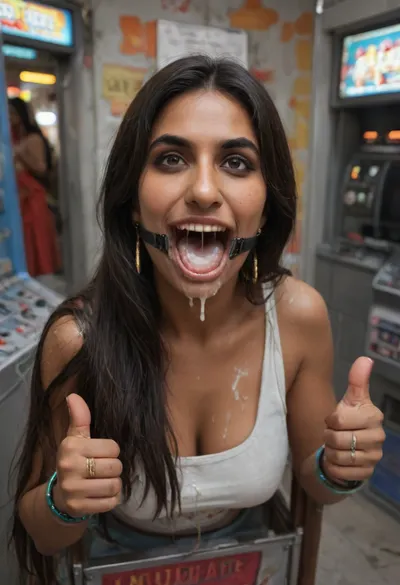 (Indian woman with straight shoulder-long hair:1.8), (narrow face:1.1), (dark black hair:1.1), (pointy nose:1.1), (heavy makeup:.8), (Indian woman is stuck with her hips in a round hole with metal rim in an arcade machine on a busy street, wearing a mouth spreader), (she shows thumbs up:1.3), (natural brown eyes), (brown skin), (stuck in round hole with metal rim:1.1), (wide metal box), (arms restrained in contraption:1.6), (wide angle, full machine in picture:1.1), (bustling street, passersby:1.3), (wide smile, obsessive:1.5), (her arms are fixated in machine:1.5), (score_9, score_8_up, score_7_up, UHD 8K, masterpiece, best quality, maximum details:1.2), natural light, extreme realism, cinematic still, (very happy:1.3), (wide mouth spreader ring gag, gaping mouth:1.5), (her hands are protruding from holes:1.3), (stuck in hole with metal rim), (leaning forward), (huge penis), (she stares at erect penis in front of her face:1.3), (cum on her face, bukkake:1.3)
