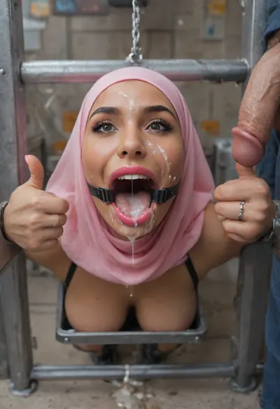 (Arab Muslim woman is stuck with her hips in a round hole with metal rim in an arcade machine on a busy street, wearing a mouth spreader, wearing a pink hijab), (she shows thumbs up:1.3), (natural brown eyes), (brown skin), (stuck in round hole with metal rim:1.1), (wide metal box), (arms restrained in contraption:1.6), (wide angle, full machine in picture:1.1), (bustling street, passersby:1.3), (wide smile, obsessive:1.5), (her arms are fixated in machine:1.5), (score_9, score_8_up, score_7_up, UHD 8K, masterpiece, best quality, maximum details:1.2), natural light, extreme realism, cinematic still, (very happy:1.3), (wide mouth spreader ring gag, gaping mouth:1.5), (her hands are protruding from holes:1.3), (stuck in hole with metal rim), (leaning forward), (huge penis), (she stares at erect penis in front of her face:1.3), (cum on her face, bukkake:1.3), (shocking pink lipstick:1.3), (bimbo lips:1.2), (botox:1.2)