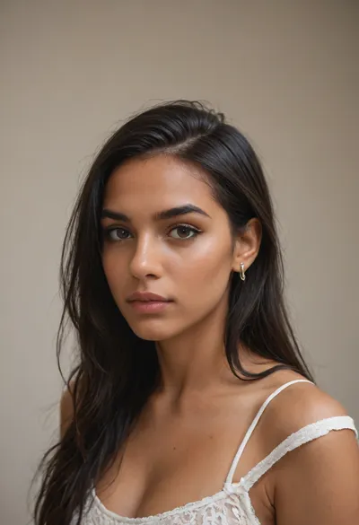 Indian woman, (sleek straight cut hair:1.2), (shoulderlong hair), (black hair), hooked nose, plucked eyebrows, dark complexion