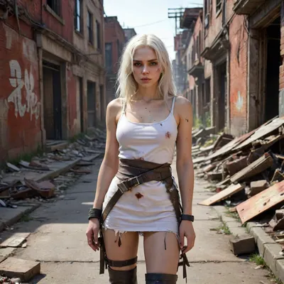 A post-apocalyptic city street, (ruined urban setting 1.3), littered with rubble, broken glass, and remnants of collapsed buildings, (abandoned cityscape 1.4), . A slender albino woman, (main character 1.7), with long white hair, (white hair 1.6), stands quietly behind a crumbling corner wall, her back to the scene, (spying pose 1.6), wearing a torn and weathered knit tunic, (damaged clothing 1.5), — frayed and stained with dirt and ash, accented by worn leather straps and a belt, (leather accessories 1.4), . Rugged lace-up boots, (boots with laces 1.4), keep her grounded as she leans slightly forward, peeking around the edge. She watches the chaos unfold with a calm, almost amused expression, (confident smirk 1.6), eyes sharp and calculating, showing no fear as a massive swarm of decaying zombie-like figures, (zombie horde 1.2), stumbles through the ruins ahead — arms flailing, mouths open, lifeless gazes fixed forward, some limping, others crawling over debris, (zombie crowd 1.1), . More emerge from alleyways and shattered windows, (distant zombies 1.3), unaware of her silent presence. The remains of a once-bustling city surround her — collapsed billboards, burned-out cars, broken street signs, (urban decay 1.4), all bathed in the dim glow of a red-orange sky, (sunset lighting 1.5), . Gritty atmosphere filled with tension, silence, and lurking danger, (stealth mood 1.6), . Hyper-detailed textures, (textures 1.4), on fabric, leather, concrete, and zombie flesh enhance realism. Cinematic stealth style, high detail, photorealistic rendering, 8K quality, trending on ArtStation, dark survival mood, wasteland observer vibe., <lora:SDXL_BetterFaces-LoRA_v1:1.5>, <lora:288407_training_data:2>