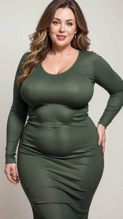 Lubica stepaunt, Ultra detailed photorealistic portrait photo a mature bbw woman, saggy, fat round face, double chin, 60 years old Woman, big eyes, (light brown hair with highlights), round face, full lips, lipstick, (wavy hair), seductive smile, open mouth smile, big lips, pretty teeth, looking at viewer, (solid blank background:1.3), OverallDetail, braless, Wearing, green, tight, v-neck sleeveless maxidress, <lora:bralessSD15_v1_00094:.8>