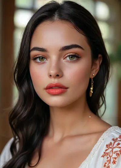 (masterpiece, best quality, ultra-detailed, photorealistic, HDR, extreme close-up upper body portrait from head to waist, face centered in the frame, direct eye contact with viewer, every feature in the sharpest focus, cinematic natural beauty lighting), female, 18 years old, Sofia, Spanish, with extremely attractive youthful Mediterranean appearance, distinct heart-shaped face with high forehead and soft pointed chin, flawless warm olive skin with golden undertone and subtle glow, sculpted high cheekbones with peachy blush and luminous highlights, refined slim nose with light dorsal curve, striking light green almond-shaped eyes with long outward lift, vibrant golden limbal rings, (fox eyes), moist glossy waterline, ultra-long thick upward-curled black lashes, bold straight black brows with slight arch, full wide lips with a natural defined shape, (ultra-glossy, plump and symmetrical lips:1.5), lips painted in vibrant coral red gloss, soft smile showing a hint of white teeth, eyelids with golden bronze shimmer, bold winged eyeliner and soft terracotta smoky blend, every lash and brow hair rendered with precision, soft natural hairs along the hairline, elegant neck and collarbones softly illuminated, (ultra-long, thick, jet-black straight hair flowing past shoulders, parted in the center and framing the face:1.2), visible upper torso wearing a silky off-shoulder white blouse with gold embroidery, subtle folds and fabric texture clearly rendered, soft natural fall of fabric below bustline, elegant gold earrings and delicate fine chain necklace resting near collarbone, softly blurred neutral background with warm Mediterranean ambiance, five distinct non-fused fingers on each hand if visible, <lora:MJ52:1>, <lora:SDXLHighDetail_v6-000005:.8>, <lora:Microwaist_XL_v01:.8>