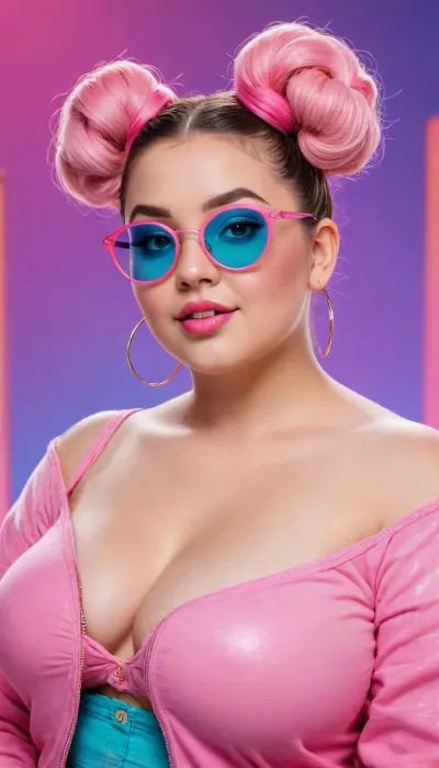photorealistic, A vibrant, colorful realistic skin chubby woman with a trendy soft hairstyle, (e.g., space buns with dyed tips), She's playfully, shyly smiling and pointing directly at the viewer, with a cheeky, rebellious attitude. Her outfit is ultra-stylish — think Y2K streetwear with bold colors, layered accessories, oversized sunglasses on her head, glossy lips, and nail art. The background is a dreamy pastel gradient with sparkles and neon shapes. She radiates Gen Z energy, confidence, and fun. High detail, soft lighting, Background is japan metro, plump, skindentation, chubby, bbw, venus, body, big, breasts, ass, <lora:Chubby BBW - XL:1.8>