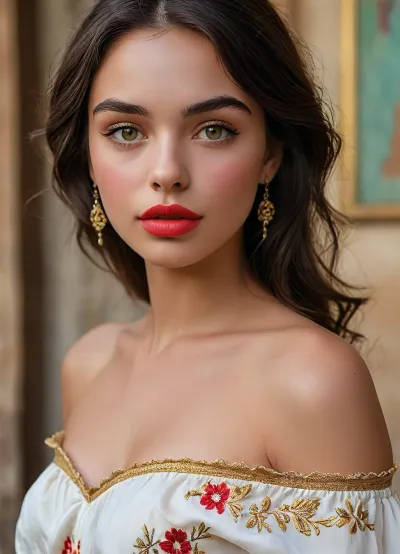 (masterpiece, best quality, ultra-detailed, photorealistic, HDR, upper body close-up portrait from head to waist, shoulders and chest clearly visible, face centered in the frame, direct eye contact with viewer, every feature in the sharpest focus, cinematic natural beauty lighting), female, 18 years old, Sofia, Spanish, with extremely attractive youthful Mediterranean appearance, distinct heart-shaped face with high forehead and soft pointed chin, flawless warm olive skin with golden undertone and subtle glow, sculpted high cheekbones with peachy blush and luminous highlights, refined slim nose with light dorsal curve, striking light green almond-shaped eyes with long outward lift, vibrant golden limbal rings, (fox eyes), moist glossy waterline, ultra-long thick upward-curled black lashes, bold straight black brows with slight arch, full wide lips with a natural defined shape, (ultra-glossy, plump and symmetrical lips:1.5), lips painted in vibrant coral red gloss, soft smile showing a hint of white teeth, eyelids with golden bronze shimmer, bold winged eyeliner and soft terracotta smoky blend, every lash and brow hair rendered with precision, soft natural hairs along the hairline, elegant neck, open shoulders and collarbones softly illuminated, (visible upper chest and cleavage under silky off-shoulder white blouse with golden embroidery:1.2), realistic fabric texture, natural folds, blouse draping just below the bust, (ultra-long, thick, jet-black straight hair cascading over one shoulder and back:1.2), subtle golden earrings, delicate fine chain necklace near collarbone, softly blurred Mediterranean interior background, five distinct non-fused fingers on each hand if visible, <lora:MJ52:1>, <lora:SDXLHighDetail_v6-000005:.8>, <lora:Microwaist_XL_v01:.8>