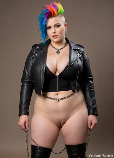 masterpiece, high resolution, highly detailed, 8k, ((young chubby woman:1.5)), (cute faces:1.5), (showing naked tits:1.6), (mohawk:1.6), (huge tits:1.6), (colored hair:1.5), (leather boots:1.4), (leather jacket:1.5), (chains:1.5), plump, skindentation, chubby, bbw, venus, body, big, breasts, ass, Atomictits, 80s, punk, clothing, <lora:Chubby BBW - XL:.8>, <lora:AtomictitsXL:1.5>, <lora:80s_punk_clothing:1.5>, <lora:740819_training_data:1.5>