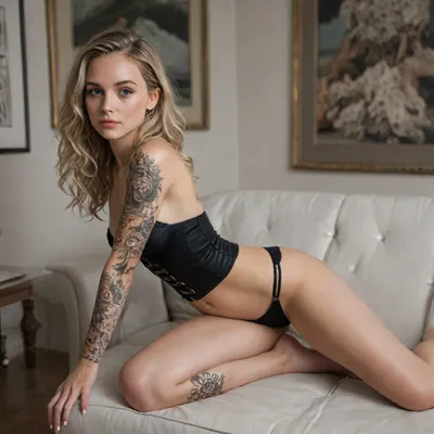 Beautiful swedish young girl, 20 years old, (older than 18), skinny body, blonde white hair, perfect face, perfectly detailed green eyes, perfect eyes, detailed eyes, symmetrical eyes, sharp eyes, detailed eyes and pupils, seductive face with freckles, lots of freckles, bangs, perfect nose, wavy hair, (highly detailed hair), (tanned), perfect breasts, perfect tits, very slim waist, anorexic, (anorexic:1.8), anorexic skinny, tiny waist, skinny stomach, slim waist, woman, perfect legs, perfect arms, long legs, skinny, (extremely narrow waist), fit ass, perfect ass, thigh gap, tattoos, back tattoos, snake tattoo, (arm tattoos:1.8), (leg tattoos:1.8), ##### ##### Corset
Tight, shiny black corset made of vinyl or latex
High waist, covers the stomach and ribs
Silver trim around edges and seams
Front has a zipper or metal clasps
Back has lacing or a smooth panel
Strong shape, pushes up the chest and pulls in the waist

Bra
Small, black mesh bra or strapless cups
May be built into the corset or worn under it
Optional, glowing light trim or metallic lines

Panties
Tiny silver or black thong
Thin straps on the sides
Shiny or matte finish
Cut high on the hips
Back is narrow and minimal

Garter Belt, (optional, if not part of corset), Black or chrome garter straps attached to the corset
Four straps hanging down from hips
Shiny metal clips at the ends
Straps connect to stockings

Stockings
Tight thigh-high stockings in black or metallic gray
Smooth, latex or rubber-like material
Top bands have a glowing blue line ##### #####
Sitting backward on chair
Legs open, knees bent around chair
Arms draped across backrest
Leaning slightly forward
Chin lifted, direct stare ##### #####
DSLR camera, best quality, best resolution, uhd, perfect composition of lights and shadows, dynamic, the brightest image, clear focus, high resolution, (extreme detail), (ultra realism), UHD, super high quality, super high resolution, extremely detailed