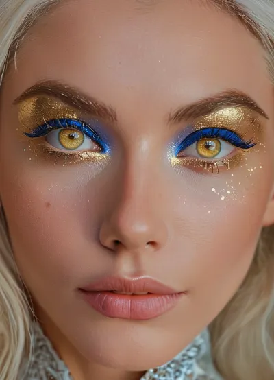 (masterpiece, best quality, ultra-detailed, photorealistic, HDR, fantasy portrait, extreme close-up), Aelith, feminine, young adult, face in soft diamond shape with symmetrical proportions, flawless deep sapphire-blue skin with subtle pearlescent glow, high sculpted cheekbones adorned with faint natural crystal-like patterns, elegant narrow nose with smooth bridge, full heart-shaped lips tinted in metallic blue gloss, (striking gold eyes with no visible pupils, glowing softly from within:1.5), long white lashes, soft arc of delicate silver brows, gentle serene smile, forehead and cheeks shimmer with iridescent highlight, elongated pointed ears, flowing silver-white hair with opal reflections, visible shoulders and upper chest in translucent silvery garment, background softly blurred with cosmic nebula colors and faint starlight, correct anatomy, luminous color and detail, five distinct non-fused fingers on each hand if visible, <lora:MJ52:1>, <lora:SDXLHighDetail_v6-000005:.8>, <lora:Microwaist_XL_v01:.8>