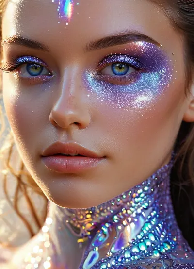 (masterpiece, best quality, ultra-detailed, photorealistic, HDR, fantasy art, waist-up portrait, entire figure from head to waist, face and upper body centered in frame, direct visual focus), female, young adult, Aelith, fantastical being, inhuman, sapphire-blue skin with intense pearlescent glow and inner luminescence, diamond-shaped elongated face, sharply sculpted cheekbones adorned with complex, crystalline natural patterns shimmering in rainbow hues, completely gold irises with no visible pupils or sclera, eyes softly glowing from within, long translucent white lashes, brow area replaced by thin luminescent silver lines, nose small, smooth, with perfectly straight bridge, lips heart-shaped, metallic ultramarine and violet shine, no natural texture, gentle enigmatic smile, ears extended upward and outward with crystalline outgrowths along edges, hair hyperlong, thick, silver-white with shifting iridescent tints, cascading to waist in abstract fluid waves, high swanlike neck glowing from within, shoulders and chest sheathed in semi-transparent glassy fabric with abstract opalescent refractions and subtle prismatic highlights, skin beneath garment subtly shimmers, natural crystalline collar and pauldrons formed by body, posture regal and still, background softly blurred — cosmic nebula of deep blues, purples, shimmering starlight, five distinct non-fused fingers on each hand if visible, perfect anatomy, hyperreal color, ultra-sharp focus, <lora:MJ52:1>, <lora:SDXLHighDetail_v6-000005:.8>, <lora:Microwaist_XL_v01:.8>, <lora:EnvyZoomSliderXL01:-1>