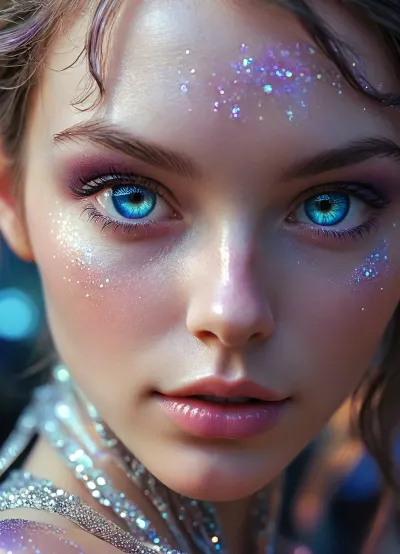 (masterpiece, best quality, ultra-detailed, photorealistic, HDR, fantasy art, waist-up portrait, entire figure from head to waist, face and upper body centered in frame, direct visual focus), female, young adult, Aelith, fantastical being, inhuman, sapphire-blue skin with intense pearlescent glow and inner luminescence, diamond-shaped elongated face, sharply sculpted cheekbones adorned with complex, crystalline natural patterns shimmering in rainbow hues, completely gold irises with no visible pupils or sclera, eyes softly glowing from within, long translucent white lashes, brow area replaced by thin luminescent silver lines, nose small, smooth, with perfectly straight bridge, lips heart-shaped, metallic ultramarine and violet shine, no natural texture, gentle enigmatic smile, ears extended upward and outward with crystalline outgrowths along edges, hair hyperlong, thick, silver-white with shifting iridescent tints, cascading to waist in abstract fluid waves, high swanlike neck glowing from within, shoulders and chest sheathed in semi-transparent glassy fabric with abstract opalescent refractions and subtle prismatic highlights, skin beneath garment subtly shimmers, natural crystalline collar and pauldrons formed by body, posture regal and still, background softly blurred — cosmic nebula of deep blues, purples, shimmering starlight, five distinct non-fused fingers on each hand if visible, perfect anatomy, hyperreal color, ultra-sharp focus, <lora:MJ52:1>, <lora:SDXLHighDetail_v6-000005:.8>, <lora:Microwaist_XL_v01:.8>, <lora:EnvyZoomSliderXL01:-1>