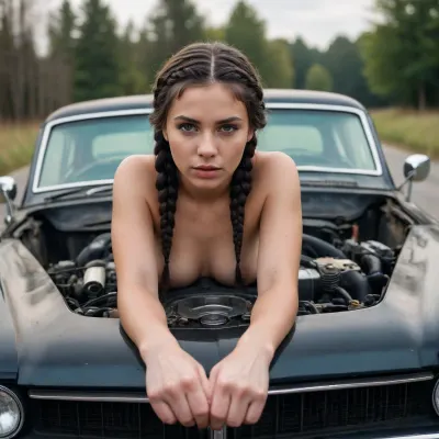 Realistic, photo, beautiful girl, naked, black hair, braids, old car, lying on engine hood
