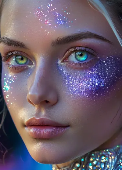 (masterpiece, best quality, ultra-detailed, photorealistic, HDR, fantasy art, waist-up portrait, entire figure from head to waist, face and upper body centered in frame, direct visual focus), female, young adult, Aelith, fantastical being, inhuman, sapphire-blue skin with intense pearlescent glow and inner luminescence, diamond-shaped elongated face, sharply sculpted cheekbones adorned with complex, crystalline natural patterns shimmering in rainbow hues, completely gold irises with no visible pupils or sclera, eyes softly glowing from within, long translucent white lashes, brow area replaced by thin luminescent silver lines, nose small, smooth, with perfectly straight bridge, lips heart-shaped, metallic ultramarine and violet shine, no natural texture, gentle enigmatic smile, ears extended upward and outward with crystalline outgrowths along edges, hair hyperlong, thick, silver-white with shifting iridescent tints, cascading to waist in abstract fluid waves, high swanlike neck glowing from within, shoulders and chest sheathed in semi-transparent glassy fabric with abstract opalescent refractions and subtle prismatic highlights, skin beneath garment subtly shimmers, natural crystalline collar and pauldrons formed by body, posture regal and still, background softly blurred — cosmic nebula of deep blues, purples, shimmering starlight, five distinct non-fused fingers on each hand if visible, perfect anatomy, hyperreal color, ultra-sharp focus, <lora:MJ52:1>, <lora:SDXLHighDetail_v6-000005:.8>, <lora:Microwaist_XL_v01:.8>, <lora:EnvyZoomSliderXL01:-1>