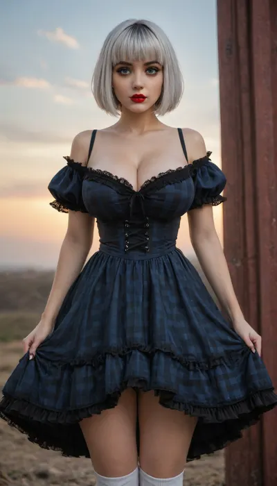 Emo girl, girl 25 years old, silver hair, (bob cut with bangs:1.5), Blue eyes, goth girl, goth makeup, red lipstick, cat eye makeup, smudged makeup, pale smooth white skin, ghostly white skin, sky blue eyes, massive breasts, firm tits, petticoat dress, checkered dress, pleated dress, cleavage, makeup, blue dress, white thigh high overknee socks, lifting dress to expose pussy and ass