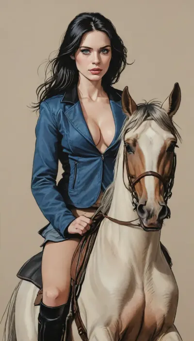(A detailed pencil drawing with clean lines and meticulous shading, sketch of a nude woman with blue eyes and black hair riding on a horse, bouncing breasts, realistic anatomy, horse jump mid-motion shot, sharp lines), wearing riding helmet and unziped riding jacket revealing nude body, supermodel face, big lips, handslora, soft features, and a serene expression, drawing have delicate shading and intricate details, capturing the essence of the subject with fine pencil strokes, background is simple, allowing the focus to remain on the portrait itself, drawing by NTY, v0ng44g, sk3tch, .8>, ratatatat74, <lora:sketch_it:1.3>, <lora:outline_xl_kohaku_delta_spv5x:.8>, <lora:ratatatat74-000050:.8>
