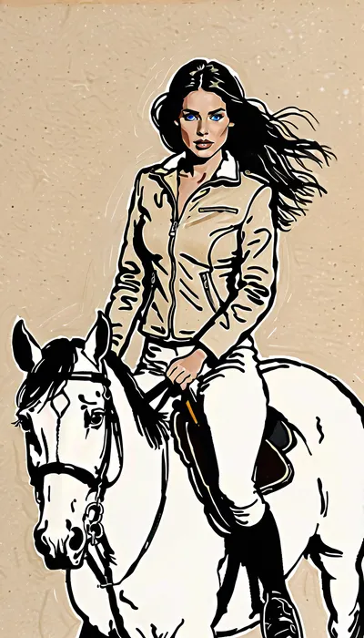(A detailed pencil drawing with clean lines and meticulous shading, sketch of a nude woman with blue eyes and black hair riding on a horse, bouncing breasts, realistic anatomy, horse jump mid-motion shot, sharp lines), wearing riding helmet and unziped riding jacket revealing nude body, supermodel face, big lips, handslora, soft features, and a serene expression, drawing have delicate shading and intricate details, capturing the essence of the subject with fine pencil strokes, background is simple, allowing the focus to remain on the portrait itself, drawing by NTY, v0ng44g, sk3tch, .8>, ratatatat74, <lora:sketch_it:1.3>, <lora:outline_xl_kohaku_delta_spv5x:.8>, <lora:ratatatat74-000050:.8>