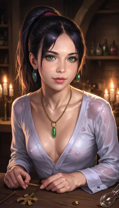 (candid photo of stunning 18yo alchemist:1.1), 1girl, ponytail, small breasts, looking at viewer, blue eyes, black hair, jewelry, flask, candle, green eyes, necklace, lips, (realistic:1.5), masterpiece, (best quality:1.1), low key lighting, ultra photoreal, photorealistic, (sharp focus:1.1), depth of field, 50mm, style of Nathan Wirth, Hasselblad X1D II, Porta 160, <lora:RPGAlchemistsXL:.5>