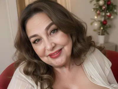 High angle shot, 65yo mature woman, beautiful obese milf, (obese:1.5), long hair, light brunette hair with highlights, tight hairstyle, sitting across you in a chair in a cozy bedroom, spaghetti strap black dress, humorous surprised expression, her eyes are wide, ((with a raised eyebrow)), smirking with a charming laugh, ((her lower lip is curled up)), giving a playful ‘uh-oh’ look, The face shows a mix of amusement and joyfulness, caught in a funny mistake, wrinkles around eyes, bow shaped lips with delicate lipstick, wide mouth, wide smile, long characteristic nose, laugh lines, blurry background, dimmed lights, sidenips, nipple slip, milf, <lora:sidenips_v24a:.8>, <lora:Milf:.6>