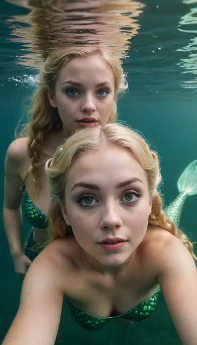 two mermaids swimming in the ocean, innocent face, thick black eyelashes, green eyes, blonde hair, pigtails, full mermaid tails