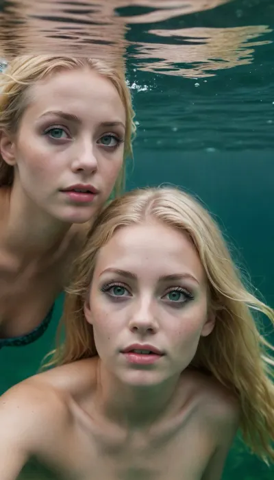 two mermaids swimming in the ocean, innocent face, thick black eyelashes, green eyes, blonde hair, wet hair, fish tales